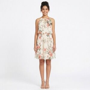 Sweet Storm Floral Halter Dress Cream Pink Smocked Waist Large Wedding Guest